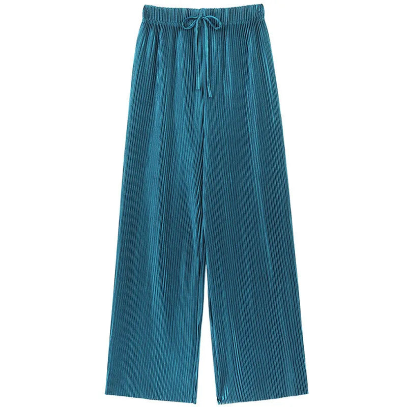 Women Fashion Summer Wide Leg Pants Pleated Ice Silk Trousers Elastic Waist Loose Casual Pants - 3KDyn